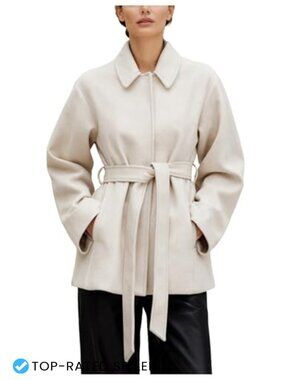 Wool Blend Short Trench Coat Collared Belted Jacket